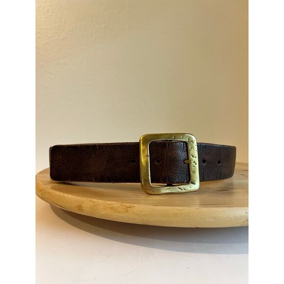 90s Brown Distressed Look Genuine Leather Square Gold Buckle Belt Size Medium main image 7